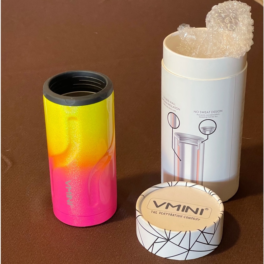 VMINI slim 12 oz can cooler pink/yellow w/ all info